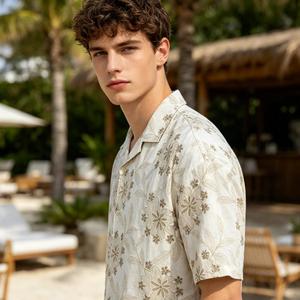 Camisa de punto para hombre, estilo europeo, muy vendida, bordada, fabricada por un fabricante de camisas para hombre, informal, de algodón, vintage, con estampado floral. - Product Image 4