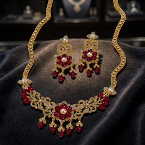 Luxury Brass <b>Ruby</b> Floral <b>Necklace</b> Set With Pearl Accents Traditional Indian Bridal Gold Plated Choker Jewelry For Women - Product Image 2