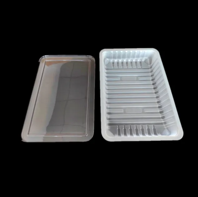 Bandeja plástica de selagem superior para carne, blister descartável transparente preto branco PP, bandeja termoformadora com tampa, embalagem