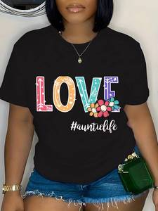 T-shirt da donna taglie forti con stampa Love Blessed, girocollo, manica corta, design geometrico casual, 100% cotone, primavera estate - Product Image 3