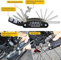 Outil de maintenance de vélo portable et pliable avec embouts de tournevis cruciforme et plat, clé hexagonale de 2-6 mm, douilles de 8/9/10 mm, clé à rayons 14GE