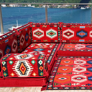 Majlis 패브릭의 아파트 호텔을위한 스폰지 충전물이있는 빨간색 L 자형 단면 소파 세트 아랍어 스타일 바닥 좌석 - Product Image 5