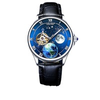 Montre mécanique pour homme, étanche 3 ATM, affichage soleil/lune, 40 mm, bracelet en cuir, alliage, verre minéral, montre-bracelet de luxe élégante