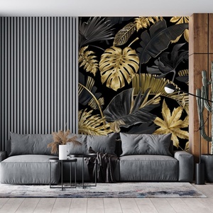 Black Gold Palm Leaf Custom Printed Wallpaper Tropical Leaf 5d Mural Dark <strong>Background</strong> - Product Image 2