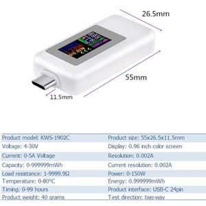 Testador Digital KWS-1902C com Display Colorido USB Tipo-C, Corrente de 0-5A, Tensão de 4-30V, Conector para Carregador de <span class=keywords><strong>Power</strong></span> <span class=keywords><strong>Bank</strong></span> - Product Image 2