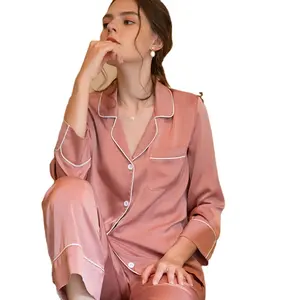 Originele Nieuwe Stijl Zijden Pyjama Franse Kleine Revers Effen Kleur Zak Rand Lange Mouwen Mode Thuis Jurk Set