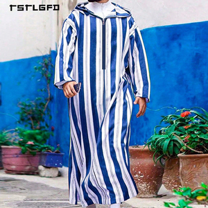 <b>Men</b> Blue White Striped Hooded <b>Thobe</b> Half Zip Long Sleeve Loose Full-Length Moroccan Djellaba Islamic Modest Casual Robe Kaftan - Product Image 1