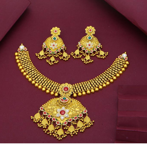 Conjunto de collar nupcial tradicional de oro con aretes, diseño de joyería de templo para bodas y ocasiones festivas, estilo sureño indio. - Product Image 1