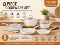 Set Peralatan Masak Anti Lengket Aluminium 8 Buah, Panci dan Wajan Putih dengan Gagang Kayu dan Tutup untuk Dapur Rumah, Grosir