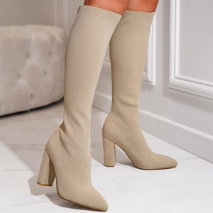 2025 Knee High Heels Pointy Sexy Stretch Fabric Knitted Chunky Heel <b>Long</b> Boots for Women - Product Image 5