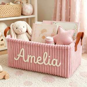 Organisateur de jouets pour bébé en velours côtelé, panier de rangement personnalisé avec nom, pliable, broderie en fil 3D, plusieurs tailles - Product Image 1