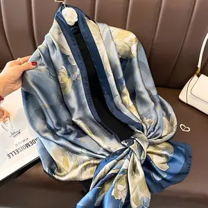 French Modern Style Long Large 180*90cm Imitation Silk Shawls For Muslim Women Dressing Wraps Elegant Flower Printed Silk Scarf