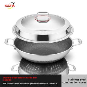 316 <span class=keywords><strong>Wok</strong></span> en acier inoxydable à double oreille 40 <span class=keywords><strong>42</strong></span> grand fond plat antiadhésif casserole de cuisson domestique écran double face à faible teneur en huile fumée - Product Image 6