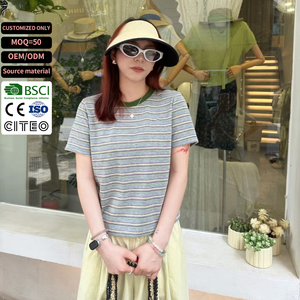 เสื้อยืดผู้หญิงลายทาง แขนสั้น คอโอ ทรงปกติ ใส่สบาย ระบายอากาศได้ดี ผ้าฝ้าย 100% - Product Image 1
