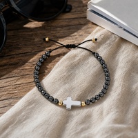 Pulsera de Cuentas Go2boho con Colgante de Cruz, Cuentas Redondas con Baño de Plata Negra, Joyería Religiosa Unisex para Regalo