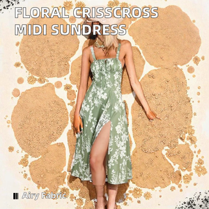 Women's Strapless A-Line Midi Dress Floral Printed Crisscross High Slit Fishbone Design Breathable <b>Spaghetti</b> Strap for Casual - Product Image 3