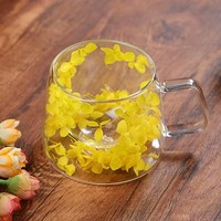Mug à café réutilisable en verre borosilicate double paroi de haute qualité, avec fleurs séchées, sans BPA, compatible lave-vaisselle, transparent, portable, pour boissons froides