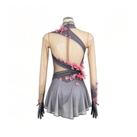 Robe de patinage artistique gris foncé en maille à manches longues avec fleurs 3D et strass pour enfants et adultes, idéale pour les compétitions et spectacles de patinage sur glace