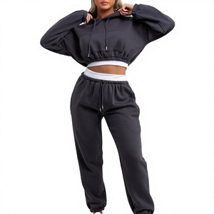 Conjunto deportivo de 2 piezas para mujer, sudadera corta con capucha y pantalones jogger, atuendo informal para estar en casa - Product Image 1
