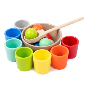 杯子里的7个球幼儿蒙特梭利玩具1岁以上儿童学前木制匹配游戏，用于学习颜色分类和计数