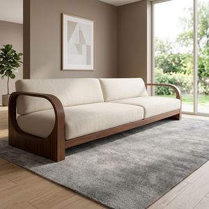 Elegante Sofá Minimalista de Dos Plazas con Apoyabrazos Circulares Escultóricos de Madera de Teca y Tela Crema Premium para Sala de Estar - Product Image 2