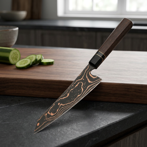Cuchillo de cocina Apex Blades International de acero de Damasco con mango de madera, hoja de punta caída y filo biselado de una sola pieza. - Product Image 4