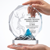 Trophée en cristal octogonal tournesol, grande surface de gravure, sculpture 3D Montagne Bleue, récompense pour reconnaissance des employés, vente chaude