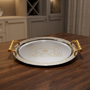 Plateau de service en acier inoxydable plaqué or de luxe, plateau décoratif en métal pour café et thé avec poignées pour la décoration du salon - Product Image 4