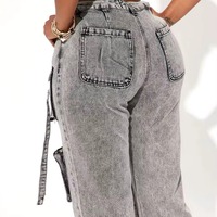 En iyi fiyat lüks bayanlar Baggy pantolon hızlı kuru 8 cepler kargo kot pantolon gevşek Fit ile Streetwear tarzı Denim pantolon