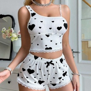 Conjunto de Pijama de Dos Piezas para Mujer, Modelo 2025, con Estampado de Corazones, Camisola y Pantalones Cortos, Estilo Casual y Acanalado - Product Image 3