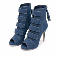 Bottines à bout ouvert en denim bleu pour femmes, talon aiguille de 12 cm, multi-bretelles, chaussures tendance, fabrication OEM ODM, vente en gros