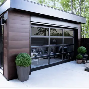 Porta de garagem isolada em vidro de alumínio automática moderna, painel de vidro transparente para porta de garagem com porta para pedestres