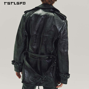 Manteau trench-coat noir en cuir PU pour homme, double boutonnage, revers, ceinture, poignets à revers, luxe, décontracté, mi-long, pour l'automne - Product Image 3