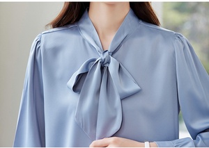 Camicie in Raso da Donna Stile Coreano Manica Lunga con Colletto a Fiocco Primaverile Elegante Camicetta <span class=keywords><strong>Blu</strong></span> da Ufficio <span class=keywords><strong>Camicia</strong></span> Casual - Product Image 4