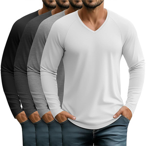 T-shirts pour hommes à manches longues, <span class=keywords><strong>col</strong></span> en <span class=keywords><strong>V</strong></span>, légers, sous-<span class=keywords><strong>v</strong></span>êtements, ourlet incurvé, décontractés, basiques, pour l'entraînement, vente en gros, personnalisables, en tissu Tri-Blend - Product Image 1