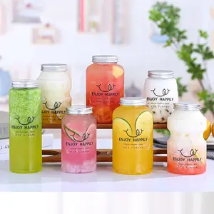 Fabrika kaynağı ticari ambalaj sevimli şeffaf süt çay PET içecek bardakları tek kullanımlık meyve suyu içecek plastik şişeler