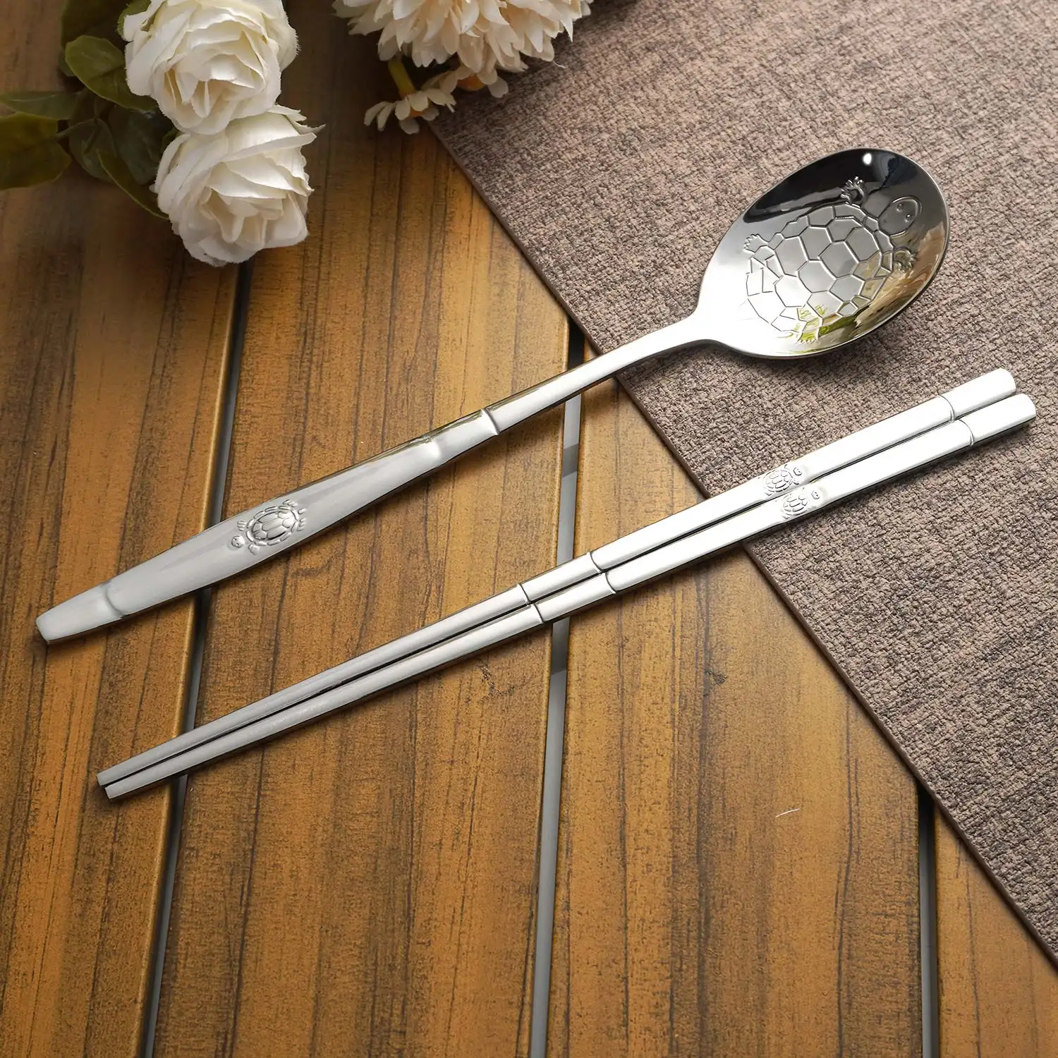 Set sendok garpu sumpit dan Sendok, alat makan Stainless Steel logam dapat dipakai ulang gaya Korea kualitas tinggi