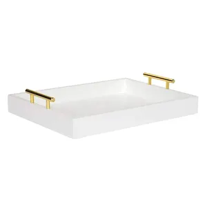 Beautiful White Wooden Serving Tray with Gold Metal Handles