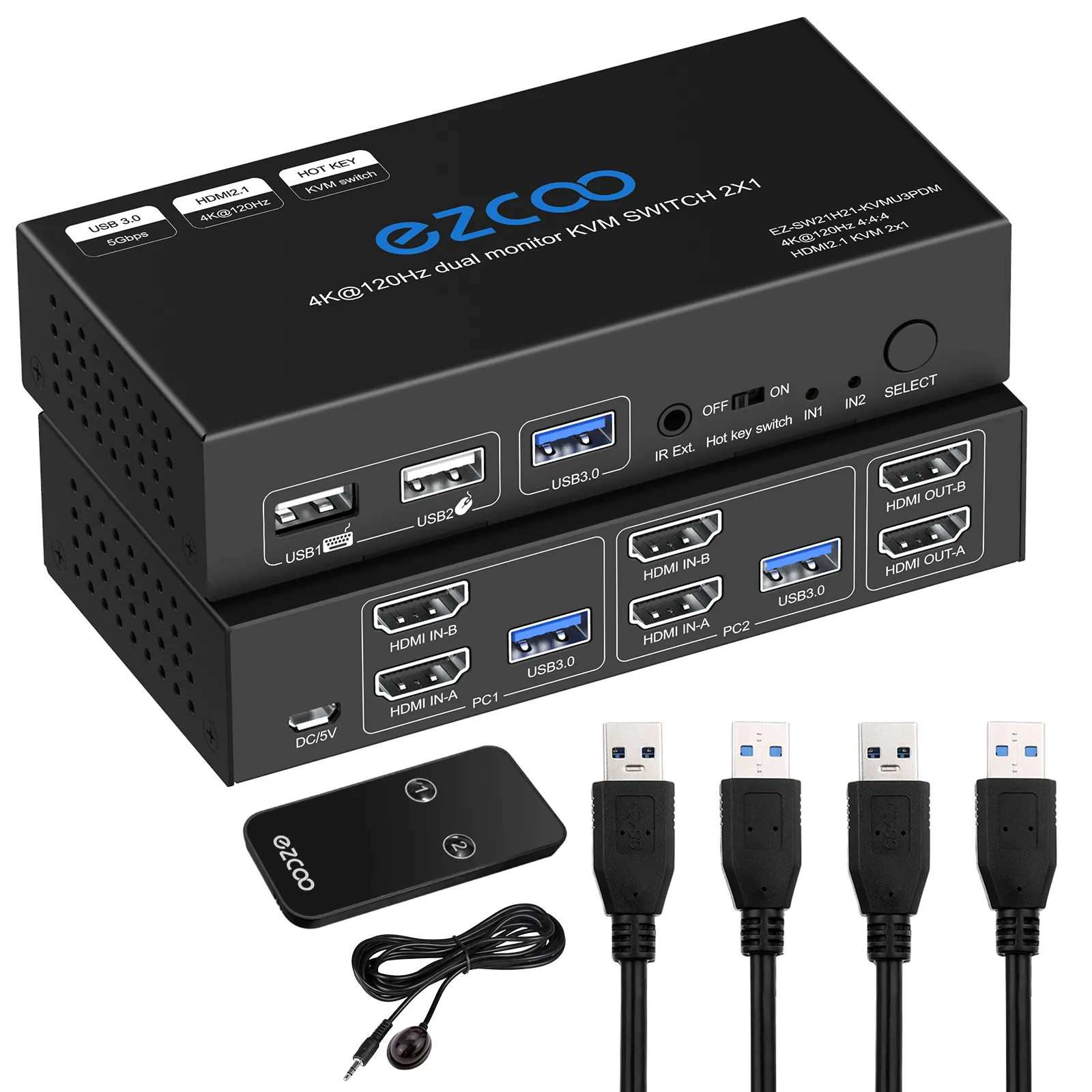 USB 3.0 KVM Switch HD-MI2.1 Switcher Dual Monitor 2 Computer 4K 120Hz 8K VRR G/Sync Atmos HotKey Toggle IR Remote HDCP 2.3