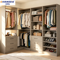 Kit de Système de Dressing Modulable Blanc Moderne Style Shaker, Montage au Sol, Organisateur de Placard en Bois avec 6 Tiroirs, 16 Étagères et 8 Tringles de Suspension