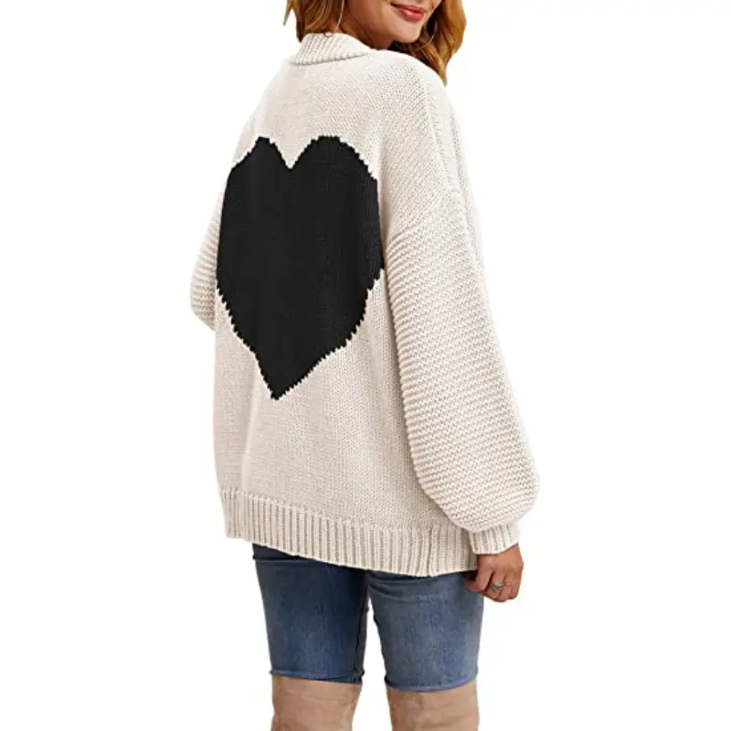 Custom Women Knitted Heart Patch Open Front Long Sleeve Chunky Cardigan Sweater Loose Outerwear Coat