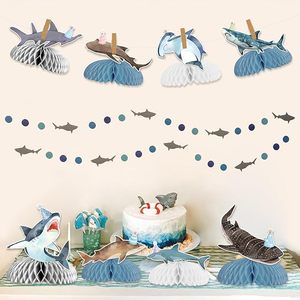 Décorations de <span class=keywords><strong>table</strong></span> d'<span class=keywords><strong>anniversaire</strong></span> sur le thème du requin, centres de <span class=keywords><strong>table</strong></span> en nid d'abeille requin, thème océ<span class=keywords><strong>an</strong></span> sous-marin, décorations de baby shower requin - Product Image 6