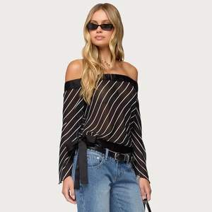 Top Personalizado 2026 con Hombros Descubiertos para Mujer, Blusa de Chifón a Rayas de Manga Larga con Lazo en la Espalda, Largo Regular - Product Image 2