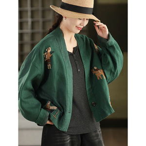 Women's Cotton Linen Cardigan Short V-Neck Embroidered Vintage Style Spring Autumn Wear Mosaic Green Coffee NX-323 - Product Image 4