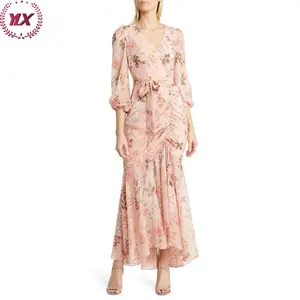 2023 New Arrivals Summer Wholesale Women Floral Printed V Neck Cut Out Ruffle Lady Midi Bohemian Boho Abaya Dress