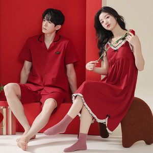 Pijamas de <span class=keywords><strong>Verano</strong></span> para Parejas, 100% Algodón, Camisón Sexy con <span class=keywords><strong>Tirantes</strong></span> en V para Mujer, con Relleno en el Pecho, Anti-Impactos, Rojo, Camiseta de Manga Tres Cuartos para <span class=keywords><strong>Hombre</strong></span>, para el Hogar - Product Image 3