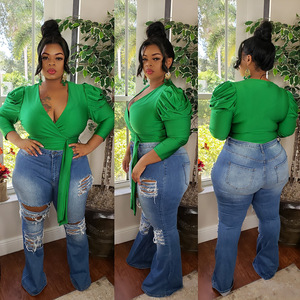 Moda mujer de talla grande sólido con cuello en V camisa con cinta solamente Top - Product Image 5