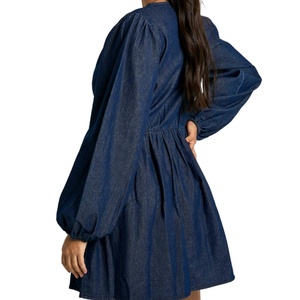 Vestido vaquero mini de línea A más vendido con manga larga abullonada y detalle de lazo frontal, vestido casual de mezclilla para mujer - Product Image 2