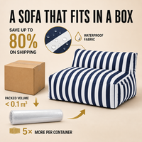 Nouveau design de canapé de jardin en forme de pouf, emballage en boîte, imperméable, rayé bleu marine et blanc, sans accoudoirs, mobilier côtier pour extérieur, plage, patio