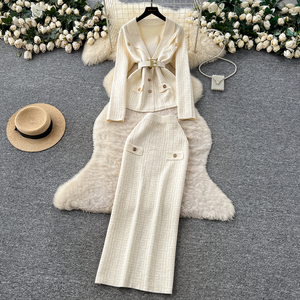 Conjunto de Dos Piezas para Mujer, Elegante, Otoño Invierno, Top de Punto <span class=keywords><strong>con</strong></span> Estampado Geométrico y Cintura Ajustable <span class=keywords><strong>con</strong></span> <span class=keywords><strong>Falda</strong></span> a Juego - Product Image 4